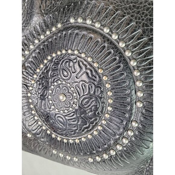 Patricia Nash Satchel Purse Tooled Studded Black Leather 13W x 10H Bottom Studs - Picture 2 of 16